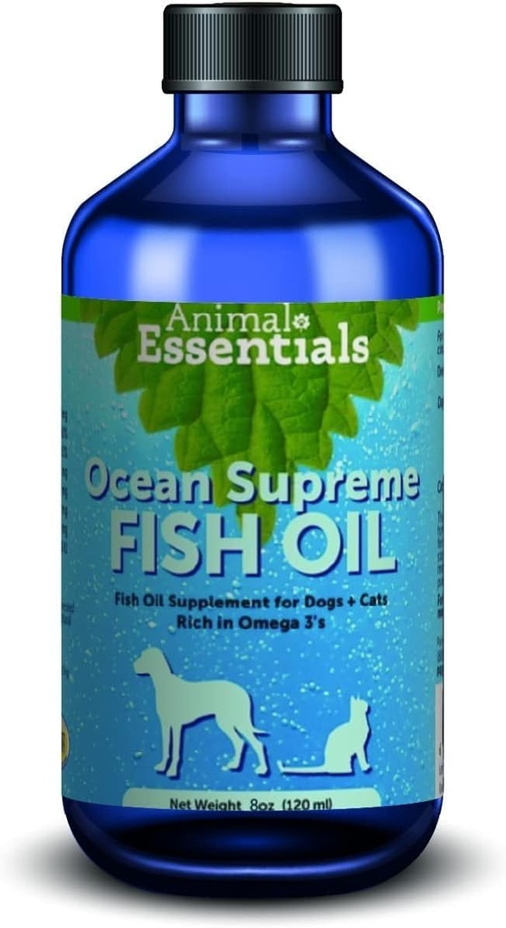 Animal Essentials Ocean Supreme Fish Oil for Dogs & Cats - Rich in Omega 3, Hud og Coat Sundhed, Fish Oil Liquid Supplement, Human Grade Urter - 8 Oz