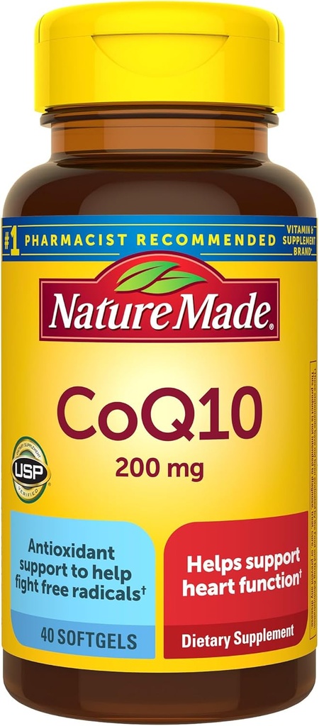 Nature Made CoQ10 200mg, Kosttilskud til Heart Health Support, 40 Softgels, 40 Day Supply