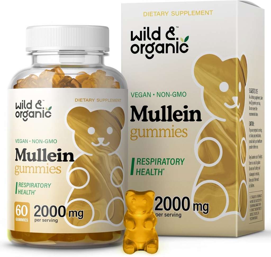Wild & Organic Mullein Gummies for Lungs 2000mg - Lung Detox and Cleanse - Vegan Mullein Leaf Gummies for Immunsupport - 60 Non- GMO-planteekstrakter tygger