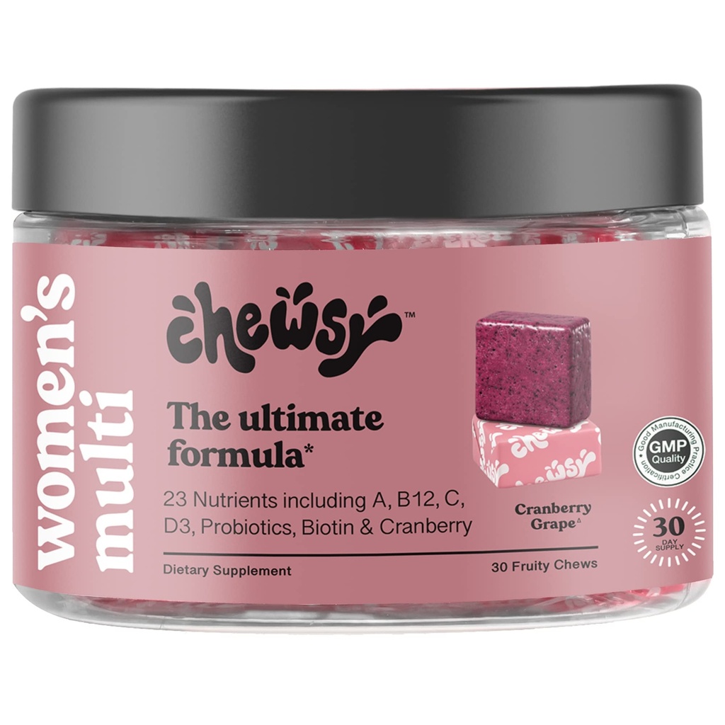 CHEWSY kvinders multivitamin - immun- og energistøtte - 23 næringsstoffer herunder A, B12, C, folinsyre, probiotika, biotin, tranebær - 30-dages forsyning