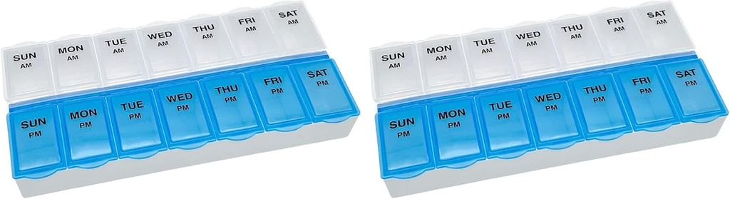   Basic Care (7-Day) AM/PM Pill Organizer, Vitamin Case, and Medicine Box, Large Compartments, 2 Times a Day, Blue and Clear Lids (Pack of 2)