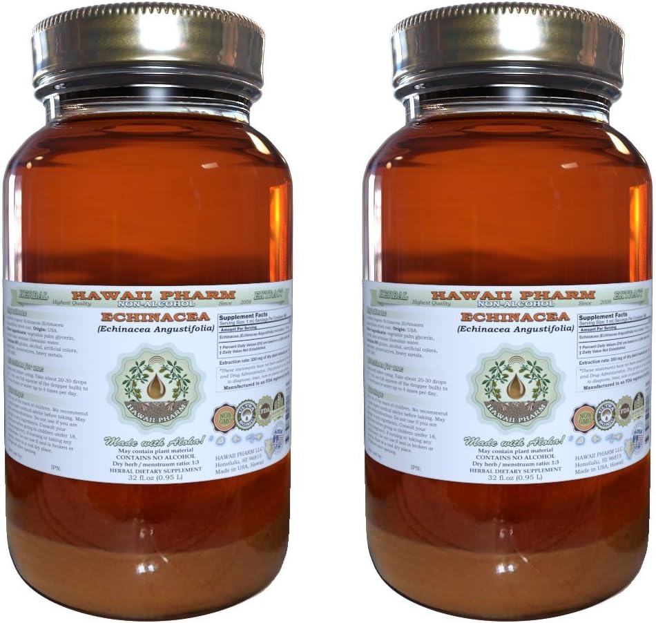 Echinacea Alkohol- Free Liquid Extract, Echinacea (Echinacea Angustifolia) Tørret Root Glycerit Hawaii Pharm Natural Herbal Supplement 2x32 oz Ufiltreret