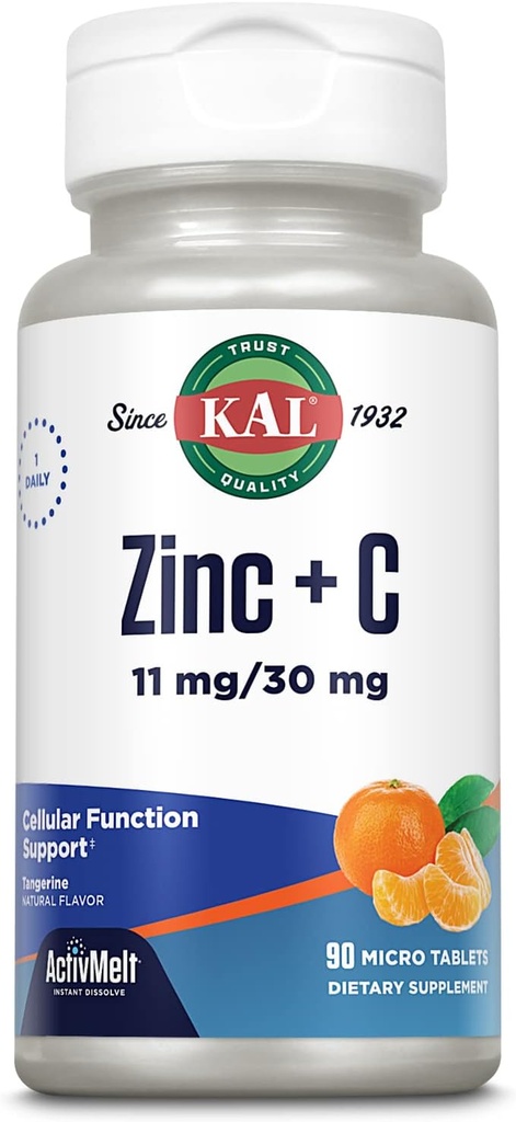 KAL Zink Plus C, Øjeblikkelig Opløs C-vitamin og zink, Cellular funktion og immunforsvar, Optimal Absorption, Natural Tangerine Flavor, 60- Day Money- tilbage garanti, 90 Servering, 90 Micro Tablets