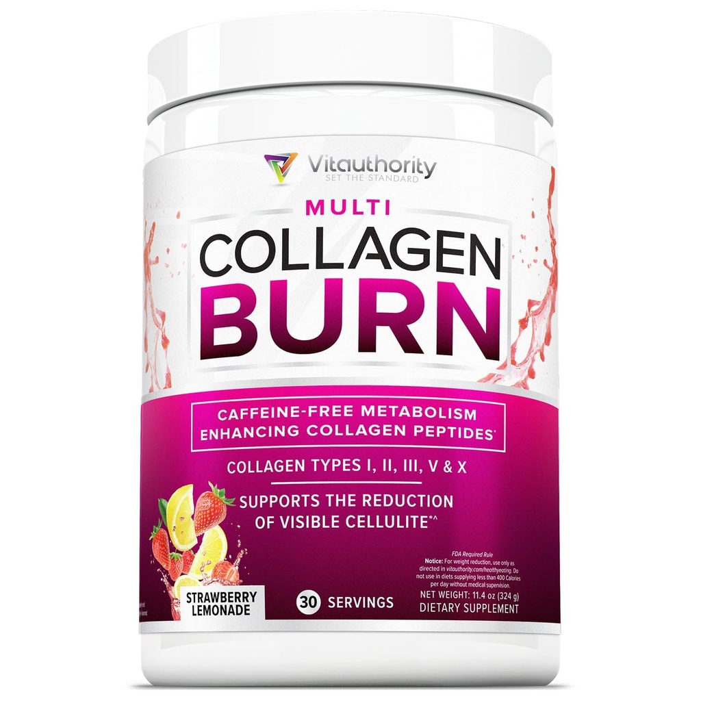 Multi Collagen Burn: Hydrolyseret Protein Peptider med Hyaluronsyre, C-vitamin, SHB Dipless, type I, II, III, V og X, Kaffefri Strawberry Lemonade Flavored 30 Serveringer