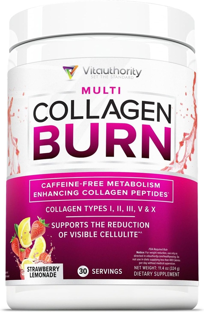 Multi Collagen Burn: Hydrolyzed Protein Peptides with Hyaluronic Acid, Vitamin C, SOD B Dimpless, Types I, II, III, V and X, Caffeine-Free Strawberry Lemonade Flavored 30 Servings