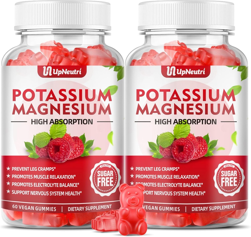 Potassium Magnesium Supplement Gummies for Adults Kids, Sugar-Free Potassium Gummies Supports Leg Cramps & Muscle & Immune Health, High Absorption Magnesium Gummies Raspberry Flavor 120 Cts