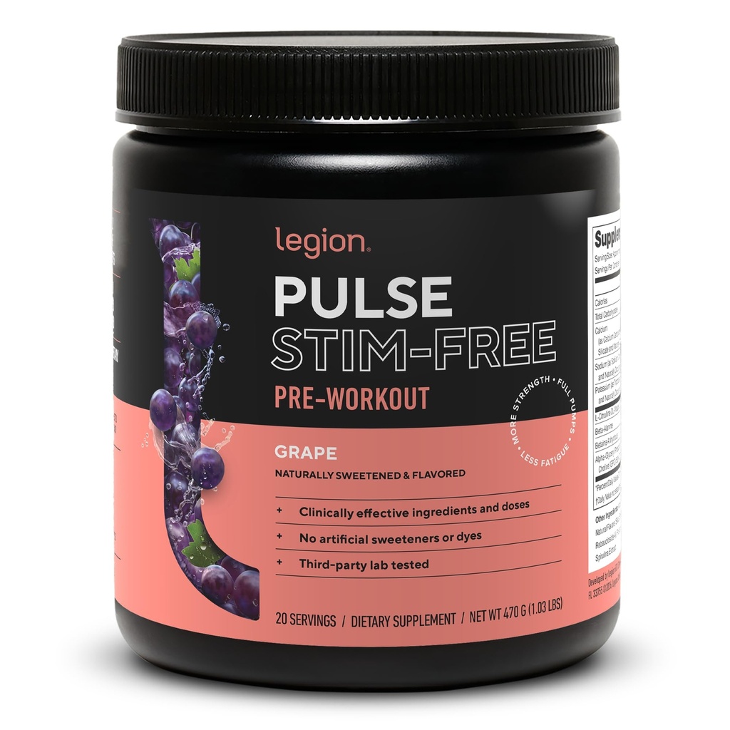 LEGION Pulse Pre Workout Supplement - Alle naturlige nitrogenoxid Preworkout drikke til Boost Energy, Kreatin Free, naturligt sødet, Beta Alanine, Citrullin, Alpha GPC (Koffein Free Grape)
