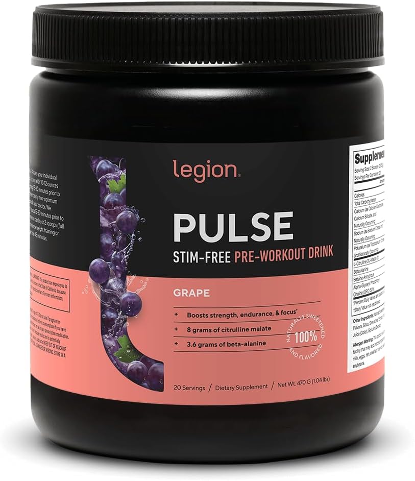 LEGION Pulse Pre Workout Supplement - Alle naturlige nitrogenoxid Preworkout drikke til Boost Energy, Kreatin Free, naturligt sødet, Beta Alanine, Citrullin, Alpha GPC (Koffein Free Grape)