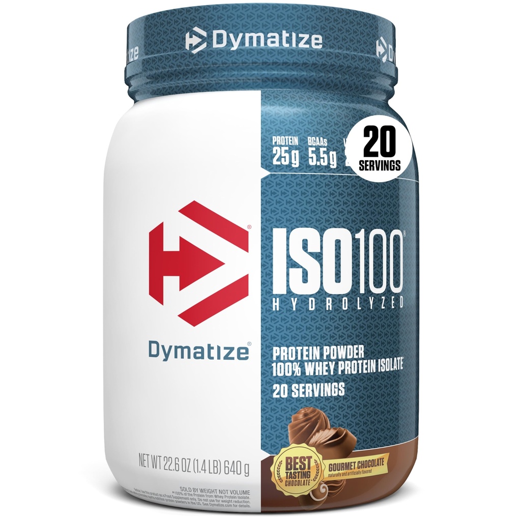 Dymatisere ISO100 Whey Protein Powder Isolate, Gourmet Chokolade, 25g protein, 5,5g BCAA, mindre end 120 Cal., Gluten Free, 1g fedt, 1g sukker, 2g Carb (20 Servere)