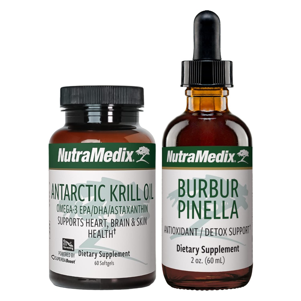 NutraMedic Brain Support Bundle - Inkluderer Artic Krill Oil Softels og Burbur Pinella Liquid Drops til Kognitiv Sundhed, Detox og Brain Support - 2 - Piece Supplement sæt til Kognitiv Support