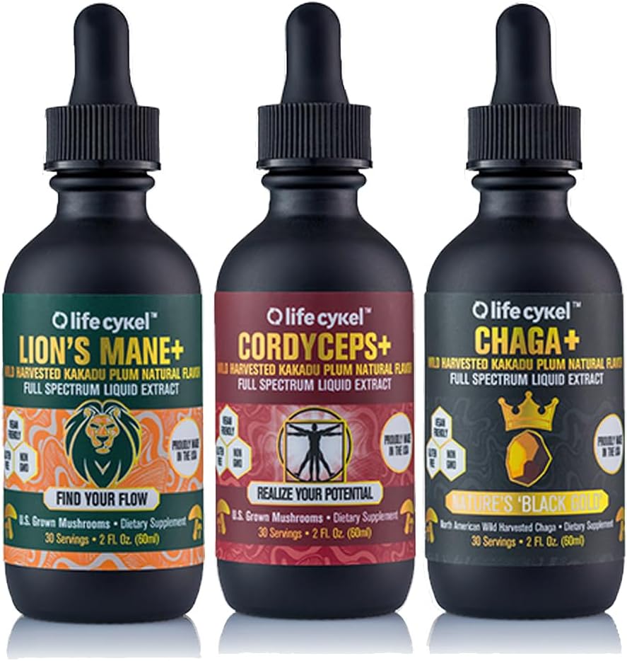 Life Cykel Dette er It Pack - Chaga, Lions Mane & Cordyceps Mushroom Extract - Full- Spectrum Mushroom tinktur for energi, Mental Clarity & immunforsvar - Vegan, Non- GMO- 2Fl / Oz Per flaske
