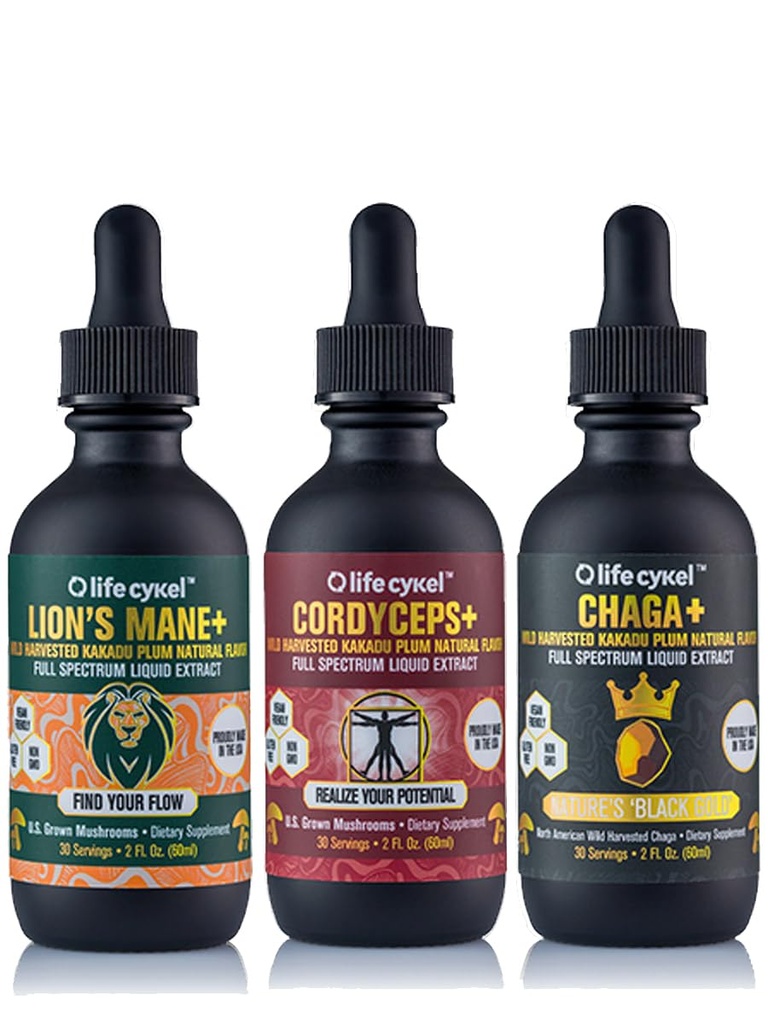 Life Cykel Dette er It Pack - Chaga, Lions Mane & Cordyceps Mushroom Extract - Full- Spectrum Mushroom tinktur for energi, Mental Clarity & immunforsvar - Vegan, Non- GMO- 2Fl / Oz Per flaske
