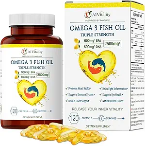 Omega 3 Triple Strength EPA DHA Supplement - 2500mg Lemon Flavored Burpleess Fish Oil - High Potency 900mg EPA 600mg DHA Understøtter cirkulation, hjerne, hjerte, øje, hud, ben & joints - 120 bløddele