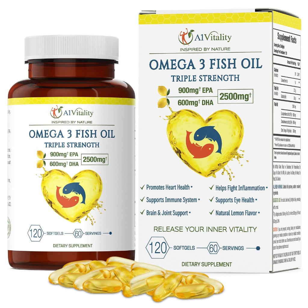 Omega 3 Triple Strength EPA DHA Supplement - 2500mg Lemon Flavored Burpleess Fish Oil - High Potency 900mg EPA 600mg DHA Understøtter cirkulation, hjerne, hjerte, øje, hud, ben & joints - 120 bløddele