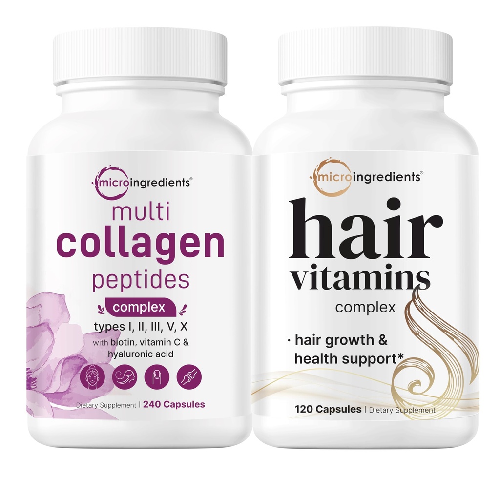 Micro Ingredienser Multi Collagen Complex for Women & Hår Vitaminer Complex Capsules Bundle 2 Pack 124; Grass- Fed Collagen Peptider Mea124; 14- in-1 Avanceret hårvækst Support