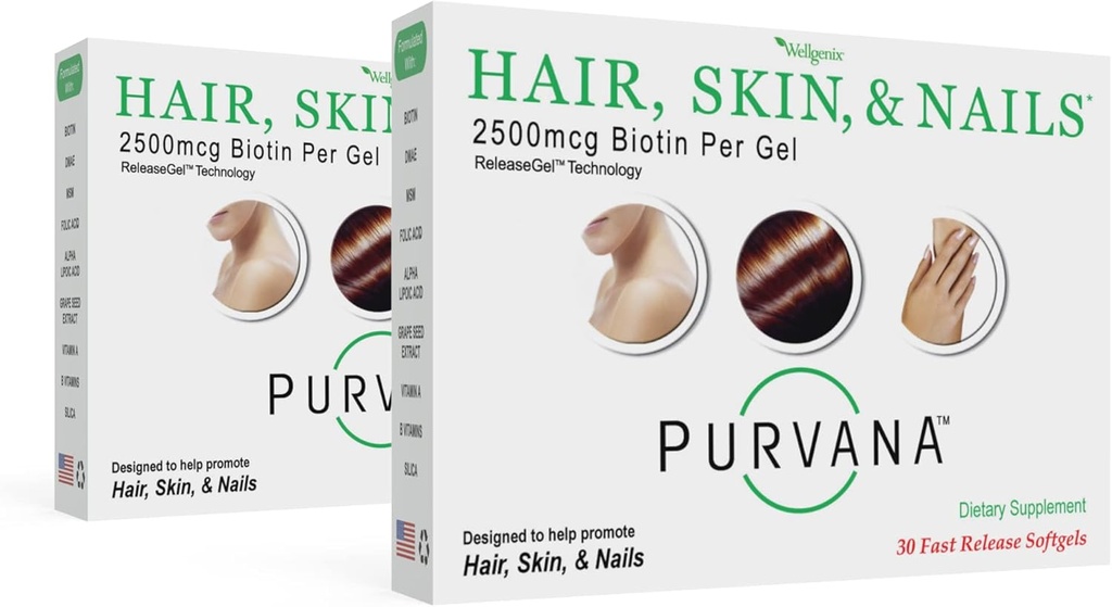 Wellgenix Purvana Hår, Hud, og negle Vitamin - Softgels for High Absorption - Dobbelt styrke 2500mcg Biotin, VIT A & B (30 Greve) (Pack of 2)