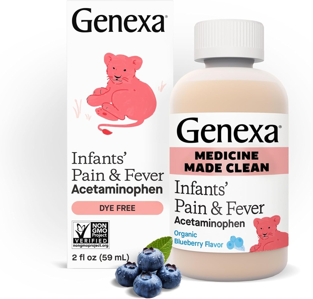 Genexa Infants 'Clean Acetaminophen Mea124; Pediatrician Foretrukne Ingredienser; 124; Pain Reliever & Feber Reducer for Babyer Mea124; Dye Free, 0% kunstige tilsætningsstoffer Measures 124; Delicious Organic Blueberry Flavor, 2 fl oz