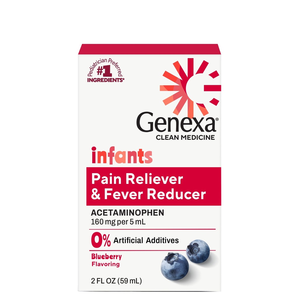 Genexa Infants 'Clean Acetaminophen Mea124; Pediatrician Foretrukne Ingredienser; 124; Pain Reliever & Feber Reducer for Babyer Mea124; Dye Free, 0% kunstige tilsætningsstoffer Measures 124; Delicious Organic Blueberry Flavor, 2 fl oz