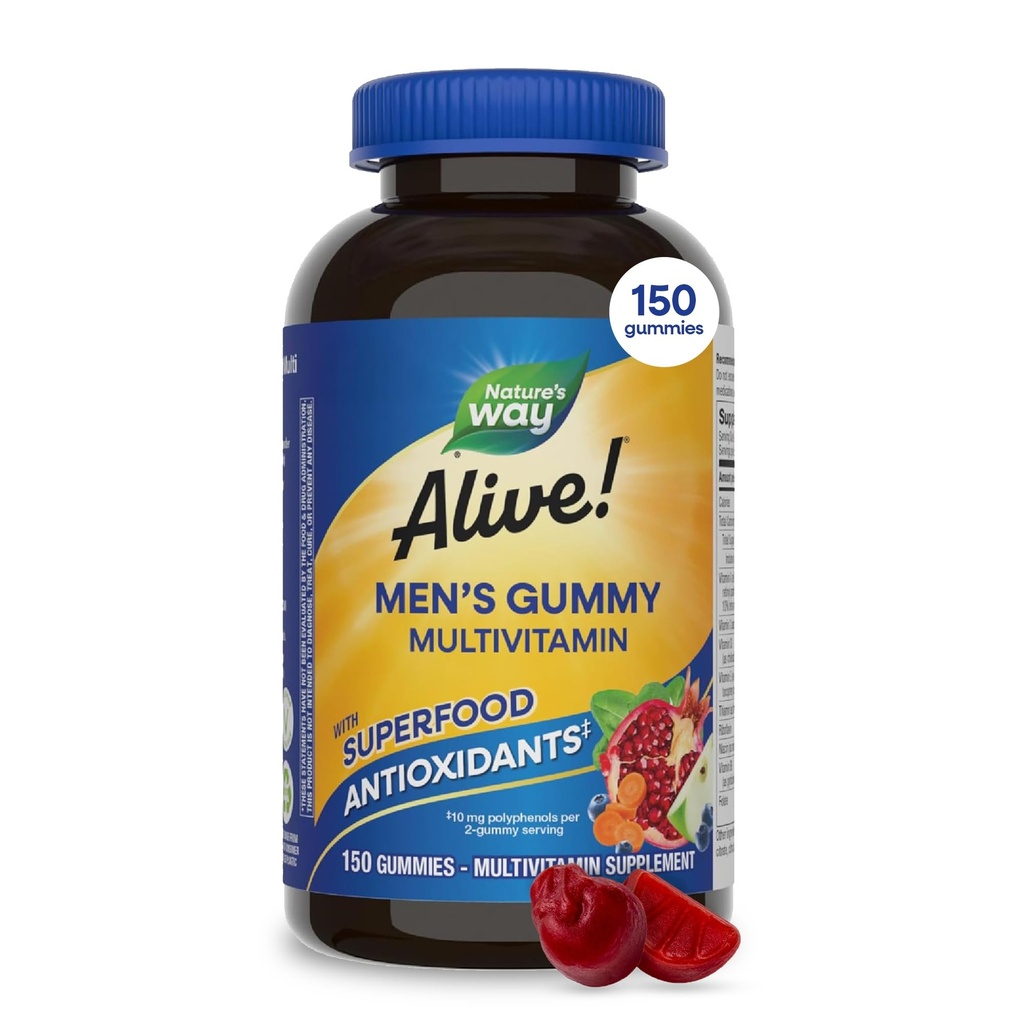 Naturen er i live! Mænds Multivitamin Gummies, Understøtter Energi Metabolisme *, Muskelfunktion *, Superfood Antioxidanter (1), B- Vitaminer, Vegetar, Frugtsmag, 150 Gummies (Packaging May Vary)