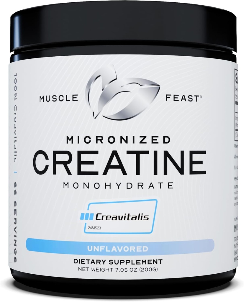 Muscle Feast Creavitalis Mikroniseret Creatin Monohydrat Pulver • 124; Premium Pre- workout eller efter - Workout • 124; Let at blande, Gluten- Free, Safe and Pure, Kosher Certified (200g • 124; 66 Serveringer), Ufortyndet