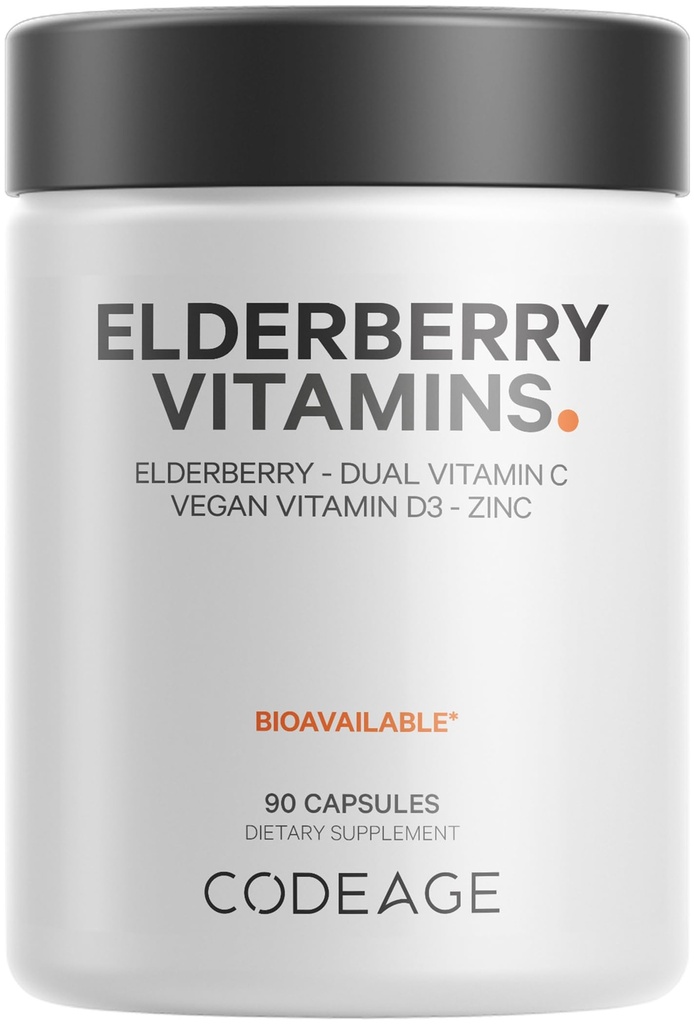 Kodeage Elderberry Vitamin - Organic Fermented Elderberry Blend, C-vitamin fra Ascorbic Acid & Organic Acerola Kirsebær, Vitamin D3, Zink, Sambucus Berries - 90 Kapsler