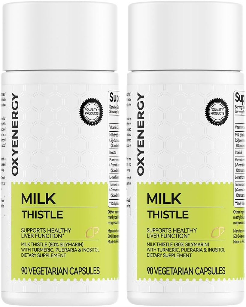 OxyEnergy Silymarin Milk Thistle 300mg Extract with Vitamin C, Inositol & Pueraria, Lever Detox & Repair Support, Antioxidant Support, 90 Kapsler, pakke med 2
