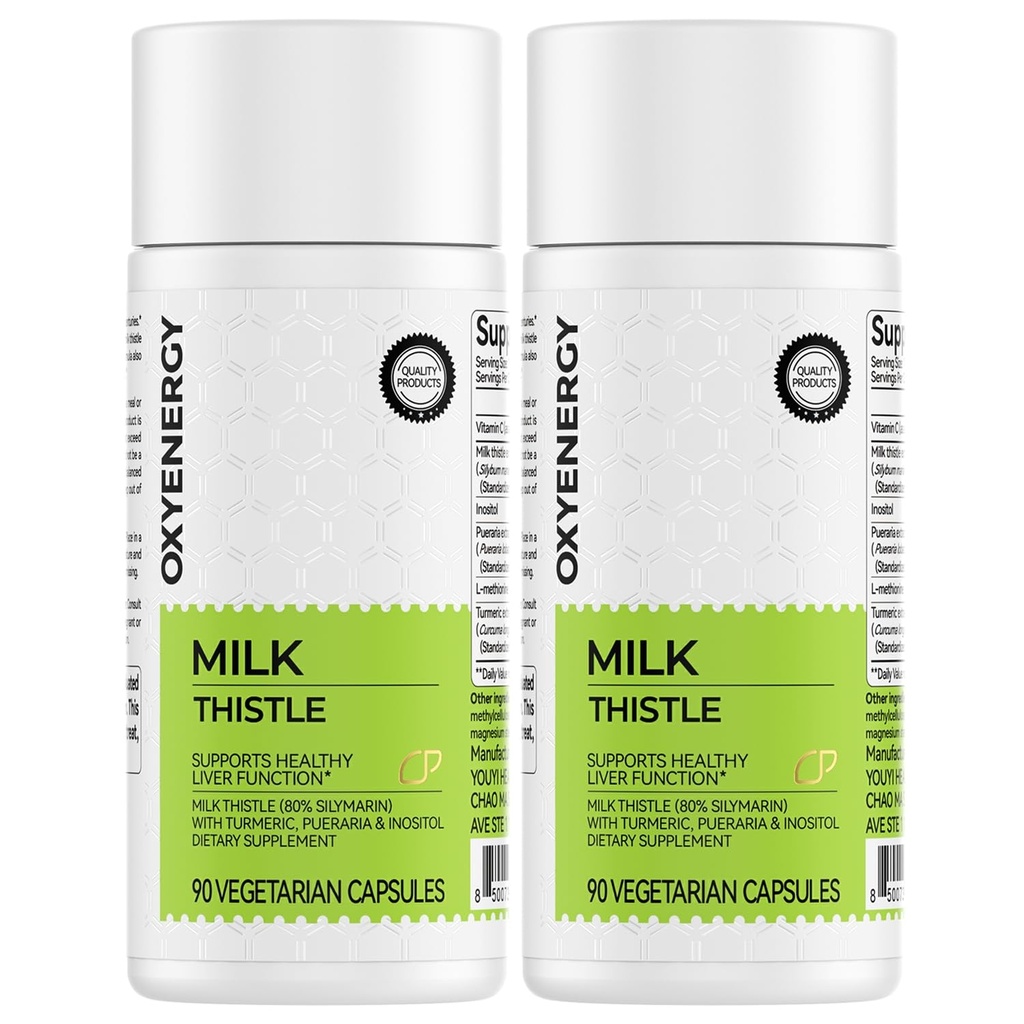 OxyEnergy Silymarin Milk Thistle 300mg Extract with Vitamin C, Inositol & Pueraria, Lever Detox & Repair Support, Antioxidant Support, 90 Kapsler, pakke med 2