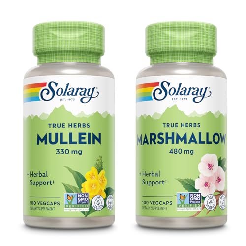 SOLARAY Mullein Leaf 330 mg og Marshmallow Root 480 mg - Wellness Bundle - Urter høj i Mucilage Opløselig Fiber til lindring - Vegan, Non- GMO, Lab Verified, 60- Day Garanti, 200 / 100 VegCaps