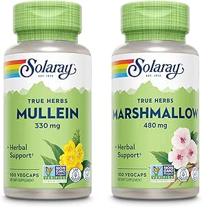SOLARAY Mullein Leaf 330 mg og Marshmallow Root 480 mg - Wellness Bundle - Urter høj i Mucilage Opløselig Fiber til lindring - Vegan, Non- GMO, Lab Verified, 60- Day Garanti, 200 / 100 VegCaps