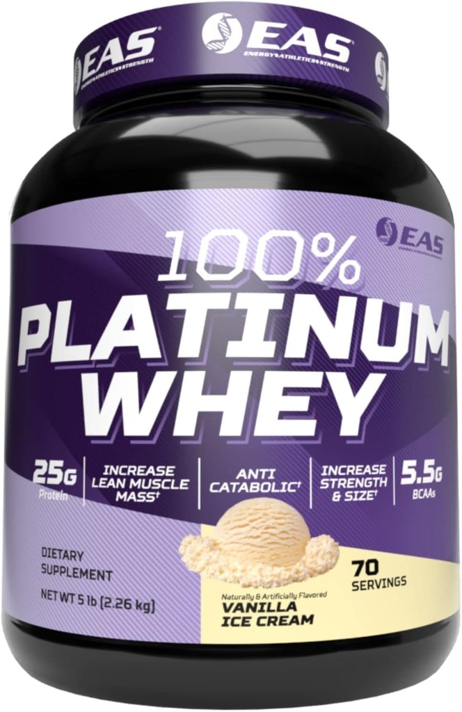 EAS 100% Platinum | 3 Ultra-Platinum Whey Proteins | Increase Size & Strength | 25g Protein, 5.5g BCAAs | 5 Pound (Vanilla Ice Cream)