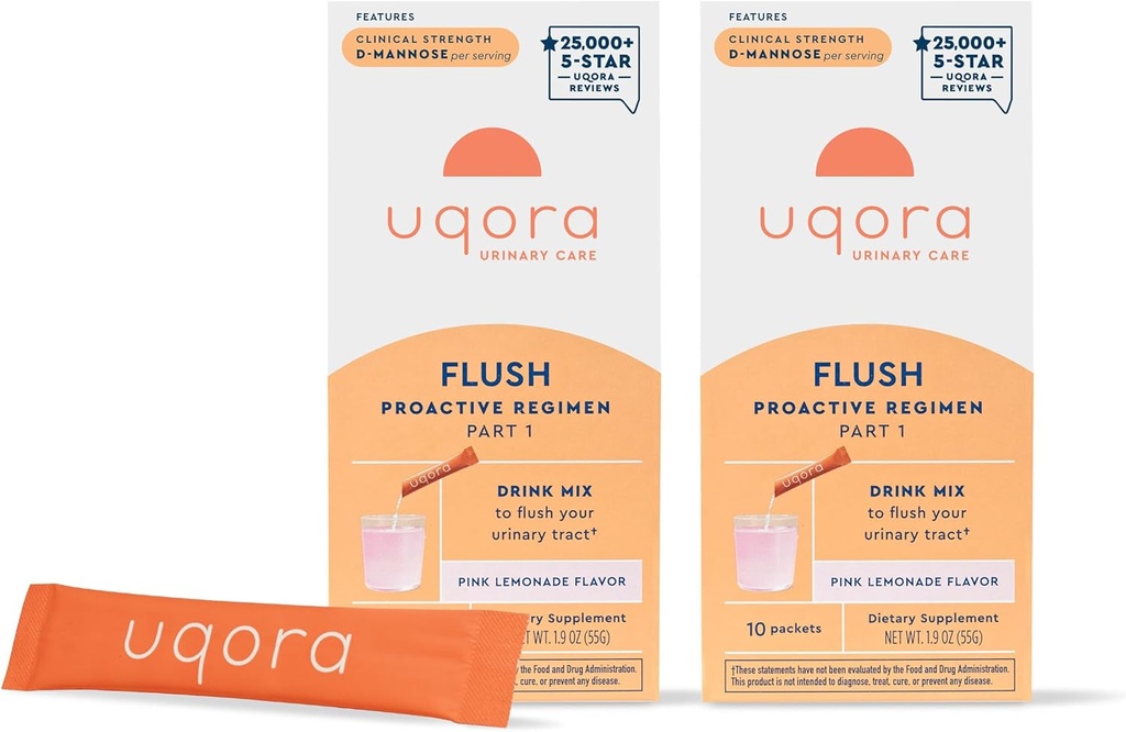 Uqora Flush - Vandladning * med D- Mannose, C-vitamin, B6-vitamin, kalium, Magnesium & Calcium - Glutenfri & Vegan - Pink Lemonade Flavor - 20 Pakninger (2 pakker)