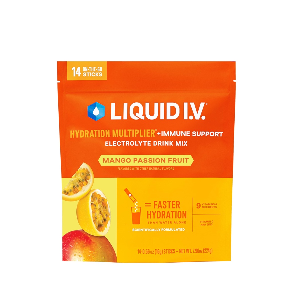 Flydende I.V. ® Hydration Multiplier + immunforsvar - Mango Passionfruit Shut 124; Elektrolyte Powder Drink Mix Shut 124; 1 pakke (14 Servere)