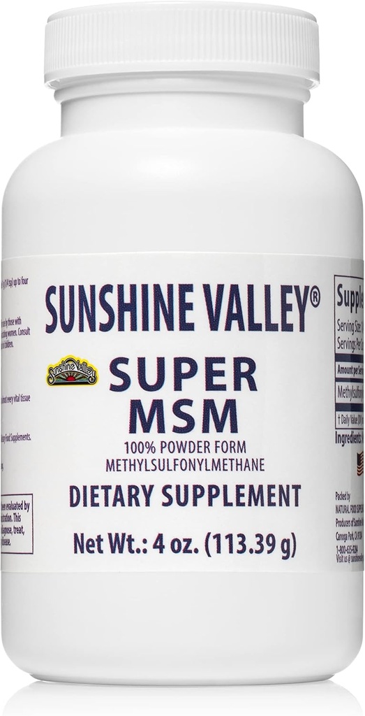 Sunshine Valley ® Super MSM Supplement - Methylsulfonylmethan MSM krystaller pulver til fælles støtte, negle, hår & hud sundhed - 100% Pure Powder, Unflavored, Kosttilskud - 4 oz