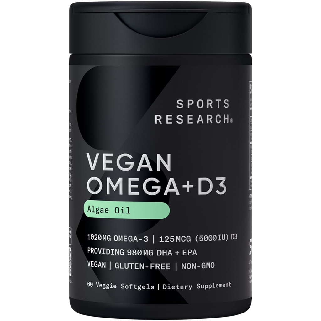 Sport Research Vegan Omega-3 med vitamin D3 Softgels - 1020mg Omega-3 & 5000iu D3 Supplement - Fish Oil Alternative med D-vitamin Plant- baseret støtte fra Algae Oil - 60 Veggie Softgels til voksne