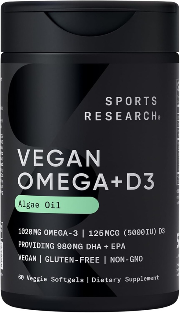 Sport Research Vegan Omega-3 med vitamin D3 Softgels - 1020mg Omega-3 & 5000iu D3 Supplement - Fish Oil Alternative med D-vitamin Plant- baseret støtte fra Algae Oil - 60 Veggie Softgels til voksne
