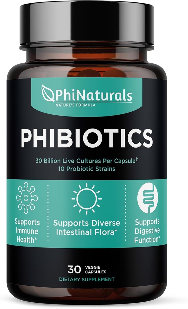 PhiNaturals High Potency Probiotika 10 Strops 30 Millioner CFU 'er [30 Veganske Kapsler] for kvinder og mænd fordøjelsessygdomme - Lactobacillus Acidophilus Salivarius Rhamnosus Bifidobacterium Probioticos