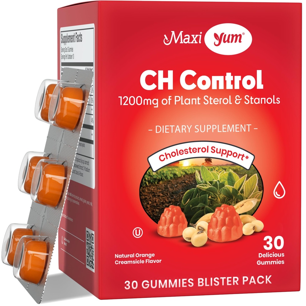 Maxi Health Kolesterol Gummies for voksne - 1200mg Plant Steroler og Stanoler Kosher og Gluten Free Sund Kolesterol Supplements - Orange Flavor Gummies (30 Greve)