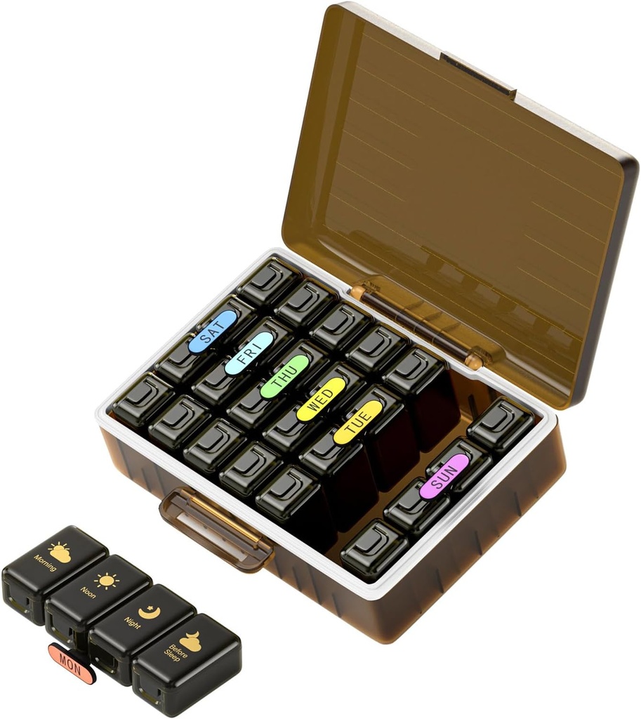 Ugentlig Pill Organizer 4 gange om dagen, Store kompartmenter Pill Box 4X 7 dag, Medicin Organizer Pill sag for piller / vitaminer / fiskeolier / Medicin / kosttilskud (Brown)