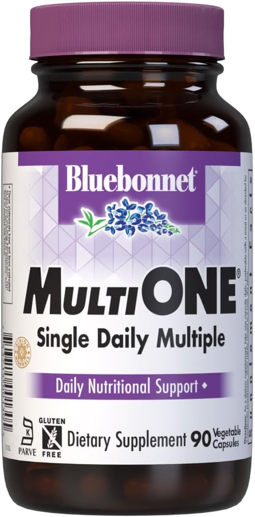 Bluebonnet Nutrition Multi One (med jern) Vegetabilske kapsler, Komplet Fuld Spectrum Multiple Vitamin Supplement, B Vitamin, Gluten Free, Milk Free, Kosher, 90 Vegetabilske kapsler, 3 Måned Supply
