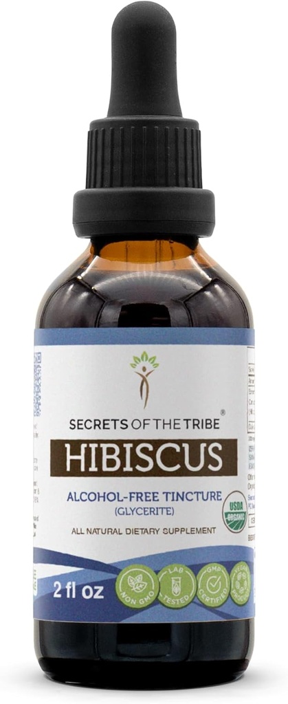 Secrets of the Tribe Hibiscus USDA Organic Measures 124; Alcohol- Free Extract, High- Potency Herbal Drops Measures 124; Lavet af 100% Certified Organic Hibiscus Sabdariffa Tørret blomst 2 oz