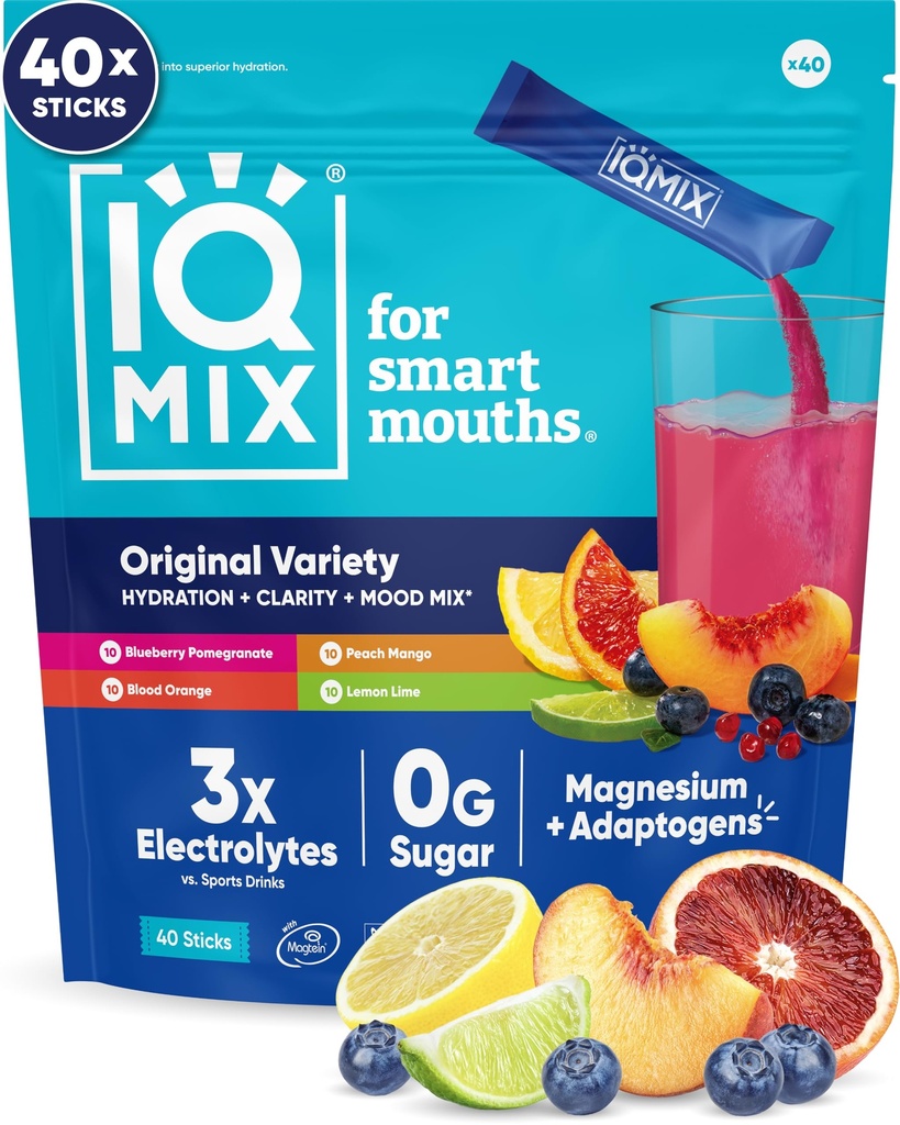 IQMIX Hydration Electrolyte Powder - 4-in-1 Formel for Hydration, Mental Clarity, Mood og Inddrivelse - Sugar- Free Drink Mix, Keto, Magnesium L- Threonate, Lions Mane - 40 Count Variety Pack
