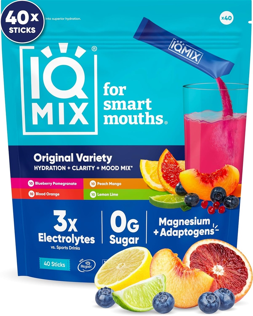 IQMIX Hydration Electrolyte Powder - 4-in-1 Formel for Hydration, Mental Clarity, Mood og Inddrivelse - Sugar- Free Drink Mix, Keto, Magnesium L- Threonate, Lions Mane - 40 Count Variety Pack