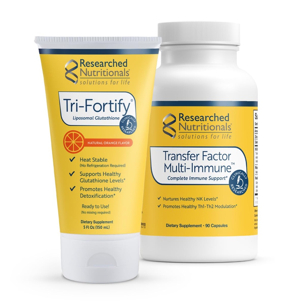 Forsøget ernæring Liposomal Glutathion (450mg) + Colostrum & svampe supplement til immunstøtte - Forstærket Immunitet Duo - Tri- Forstærkning Orange + Transfer Factor Multi- immun (2 stk sæt)