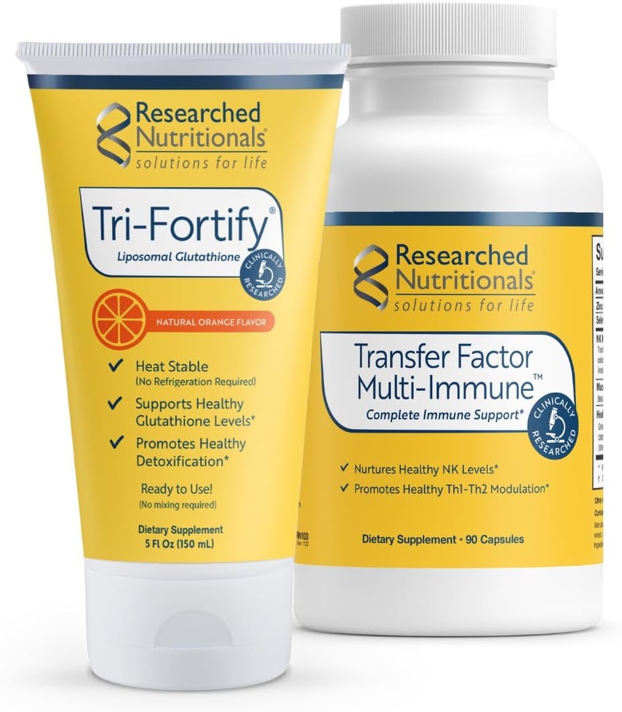 Researched Nutritionals Liposomal Glutathione (450mg) + Colostrum & Mushrooms Supplement for Immune Support - Enhanced Immunity Duo - Tri-Fortify Orange + Transfer Factor Multi-Immune (2 Piece Set)