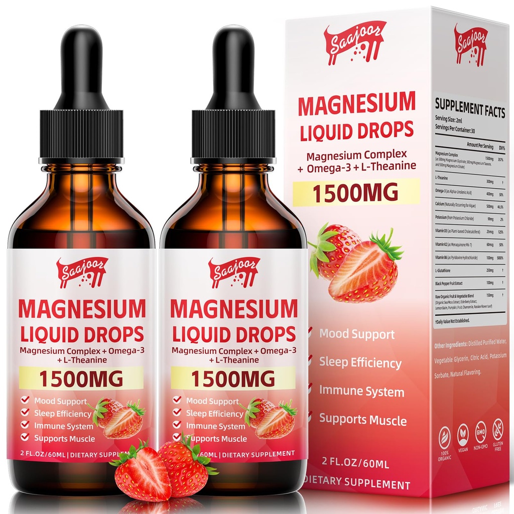 2 Pack Magnesium Glycinate Liquid Drops, 1500mg Magnesium Liquid Supplement med vitamin B6, D3, L - Theanin, Omega3, Support Night, Muscle, Ben, Mood, Strawberry Flavor - 4 Fl Oz (120ml) Flaske