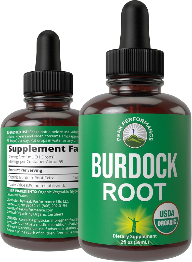 Peak Performance USDA Organic Burdock Root Liquid Drops Supplement. Vegansk ekstrakt tinktur for kvinder og mænd. Økologisk Burdock Root Oil Herb. Zero Sugar, Gluten Free Supplements