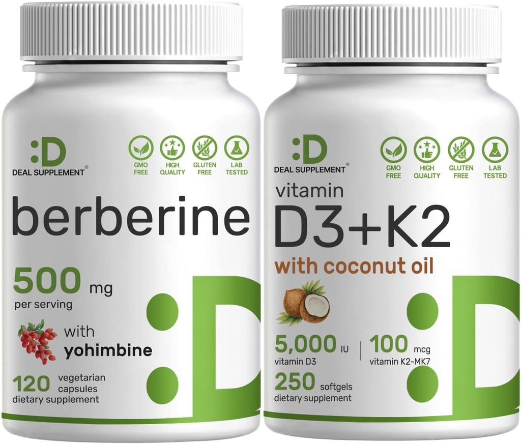 DEAL SUPPLEMENT Vitamin D3 5000iu + K2 100mcg Softels & Berberine tillæg med Yohimbine Bundle - Essential Sunshine Vitaminer - Høj Absorption Hydrochloride HCl Forms