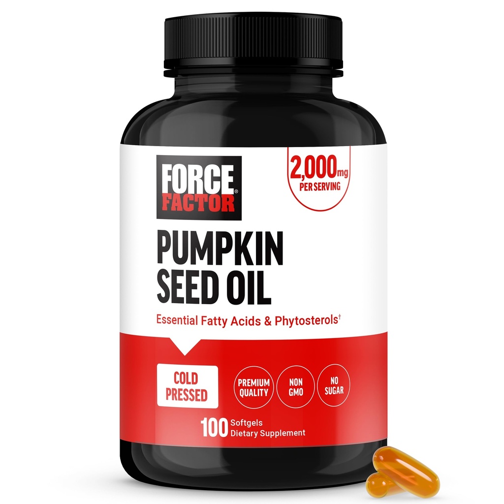 FORCE FACTOR Pumpkin Seed Oil Capsules, Phytosteroler supplement med essentielle fedtsyrer, Lavet med kold presset Pumpkin Oil, Premium kvalitet, Non- GMO, 100 Softgels