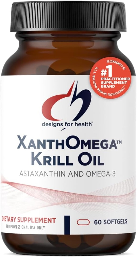 Design til sundhed XanthOmega - Krill Oil med 12mg Astaxanthin - Antioxidant, Phospholipider + EPA / DHA Omega 3 - Kardiovaskulær, Hud + øje sundhed supplement (60 bløddele)