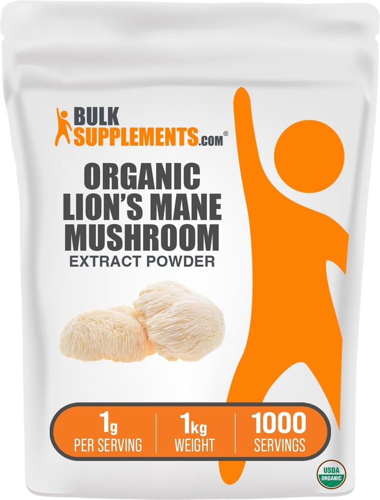 BulkSupplements.com Organic Lions Mane Mushroom Extract Powder - Lions Mane Supplement Powder, Lions Mane Extract - Mushroom Supplement, 1000mg per servering, 5kg (11 lbs) (Pack of 5)